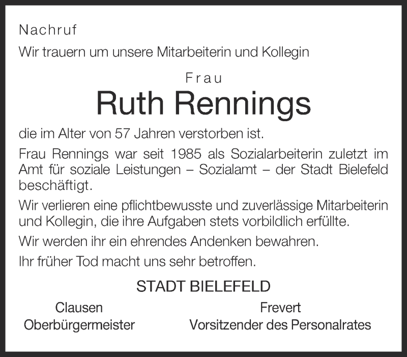  Traueranzeige für Ruth Rennings vom 28.08.2015 aus Neue Westfälische