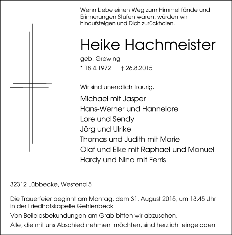  Traueranzeige für Heike Hachmeister vom 28.08.2015 aus Neue Westfälische