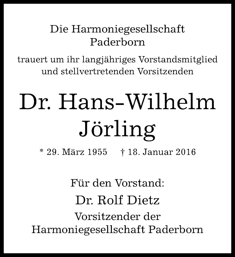  Traueranzeige für Hans-Wilhelm Jörling vom 23.01.2016 aus Neue Westfälische