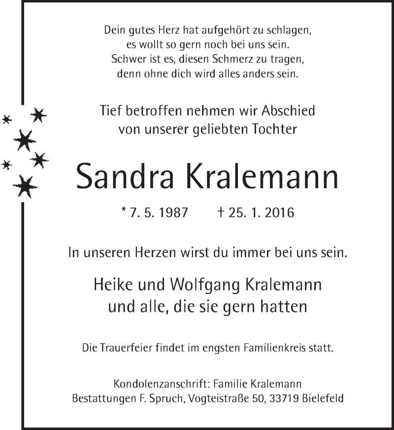  Traueranzeige für Sandra Kralemann vom 30.01.2016 aus Neue Westfälische