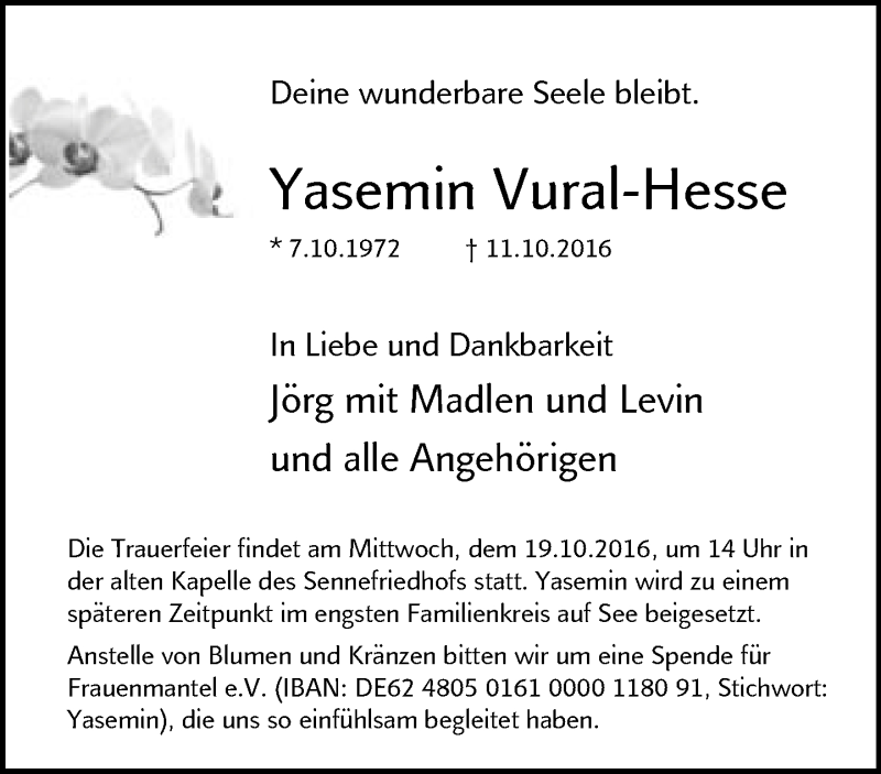  Traueranzeige für Yasemin Vural-Hesse vom 15.10.2016 aus Neue Westfälische