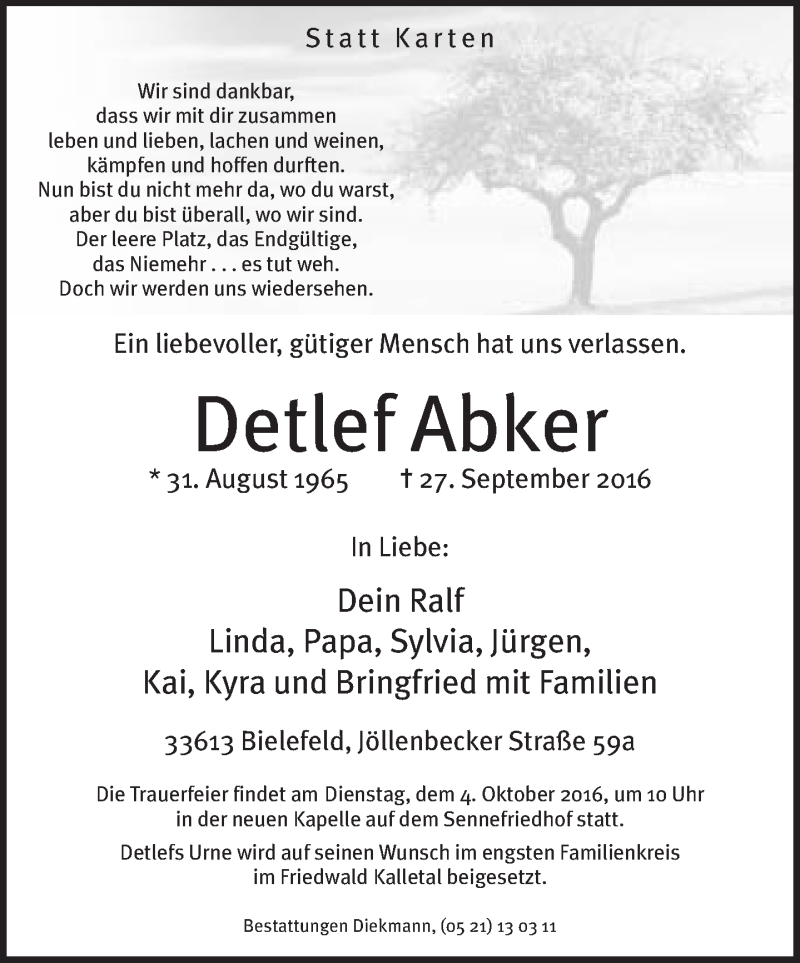  Traueranzeige für Detlef Abker vom 01.10.2016 aus Neue Westfälische