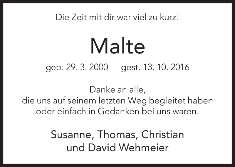  Traueranzeige für Malte Wehmeier vom 26.10.2016 aus Neue Westfälische