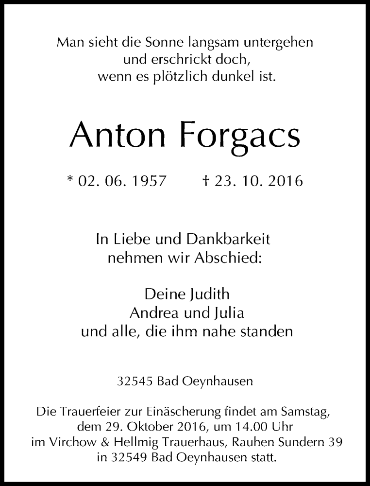 Traueranzeige für Anton Forgacs vom 26.10.2016 aus Neue Westfälische