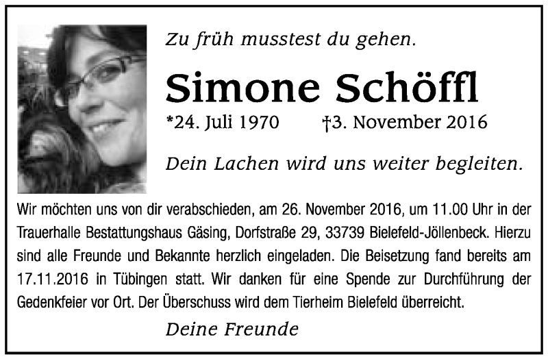  Traueranzeige für Simone Schöffl vom 19.11.2016 aus Neue Westfälische