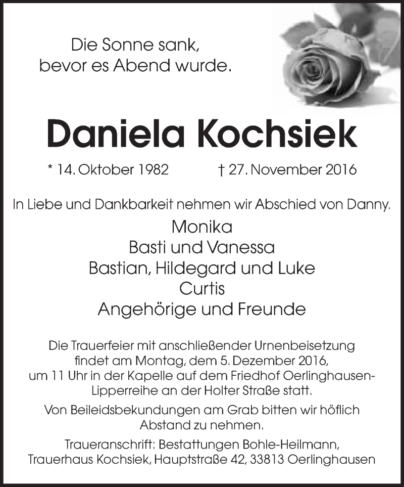  Traueranzeige für Daniela Kochsiek vom 30.11.2016 aus Neue Westfälische