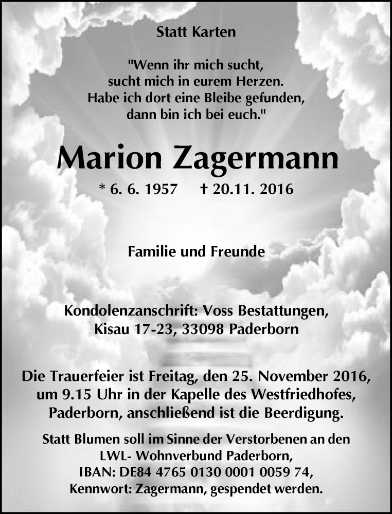  Traueranzeige für Marion Zagermann vom 22.11.2016 aus Neue Westfälische