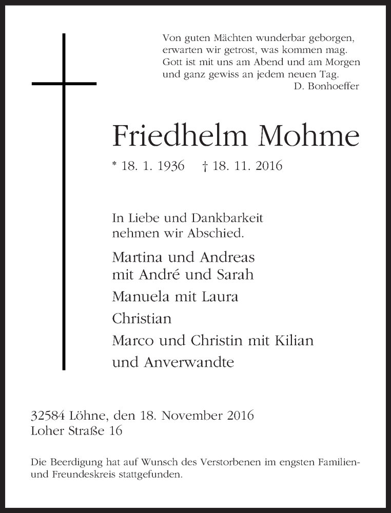  Traueranzeige für Friedhelm Mohme vom 25.11.2016 aus Neue Westfälische