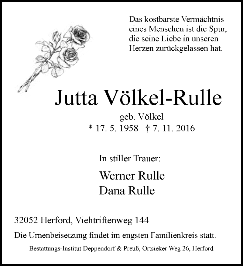  Traueranzeige für Jutta Völkel-Rulle vom 10.11.2016 aus Neue Westfälische
