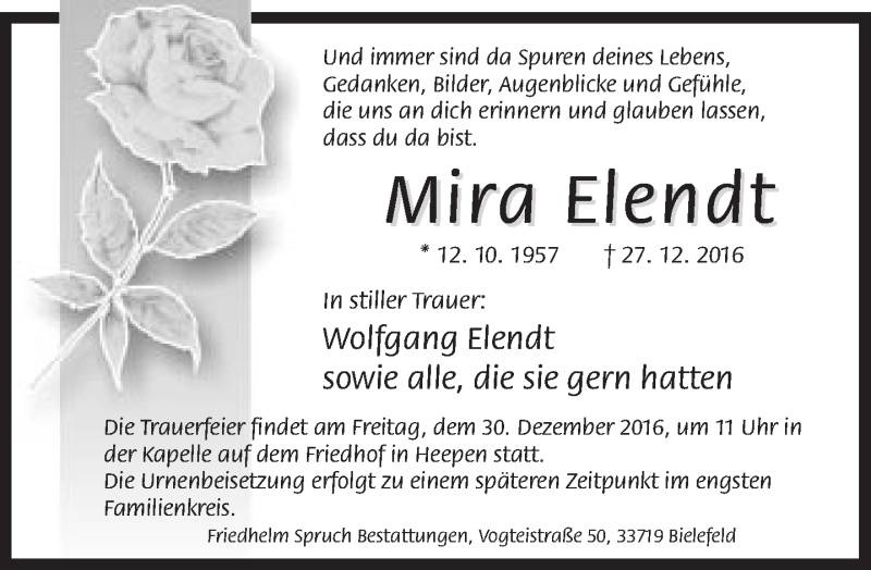  Traueranzeige für Mira Elendt vom 29.12.2016 aus Neue Westfälische