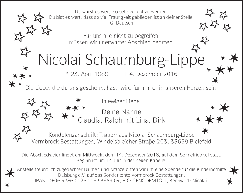  Traueranzeige für Nicolai Schaumburg-Lippe vom 10.12.2016 aus Neue Westfälische