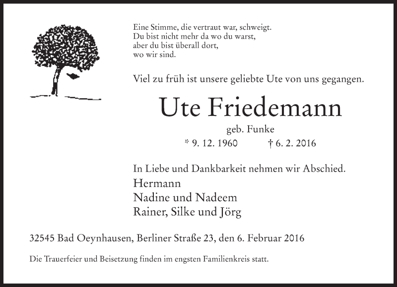  Traueranzeige für Ute Friedemann vom 13.02.2016 aus Neue Westfälische