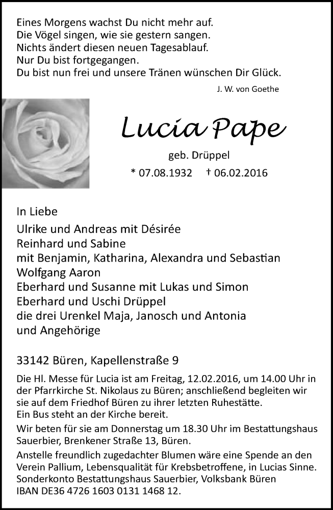  Traueranzeige für Lucia Pape vom 09.02.2016 aus Neue Westfälische
