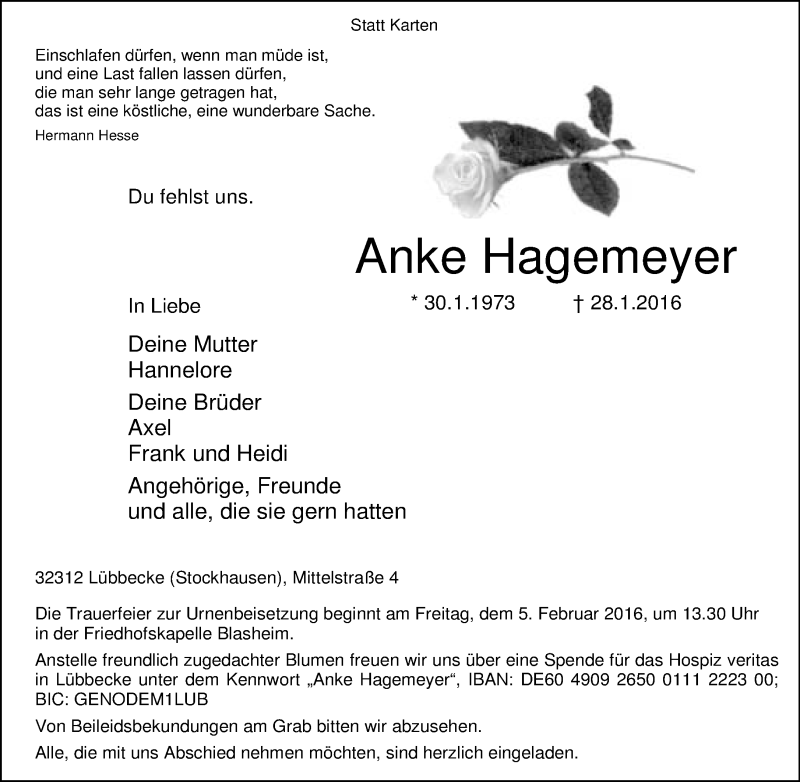  Traueranzeige für Anke Hagemeyer vom 01.02.2016 aus Neue Westfälische