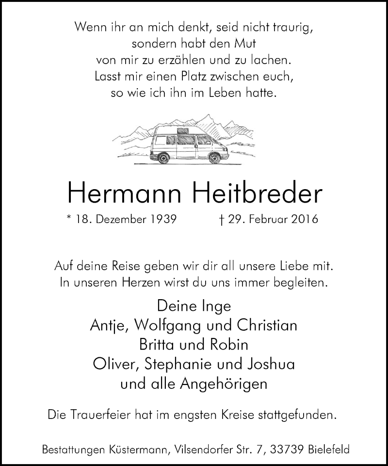  Traueranzeige für Hermann Heitbreder vom 12.03.2016 aus Neue Westfälische