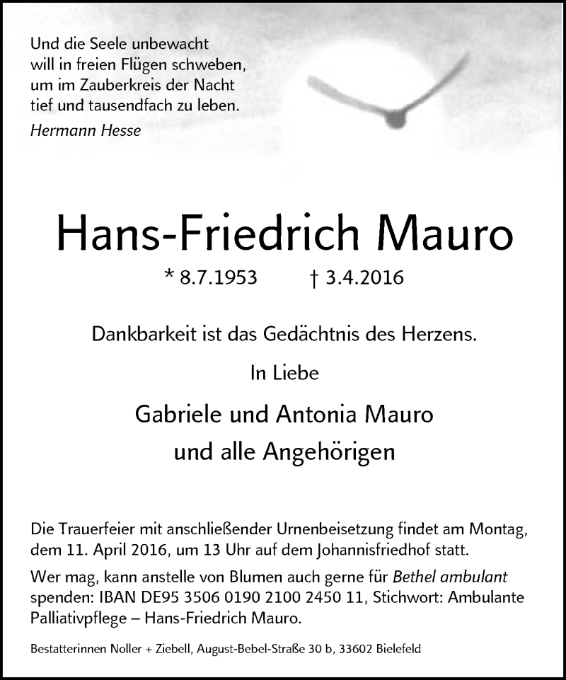  Traueranzeige für Hans-Friedrich Mauro vom 07.04.2016 aus Neue Westfälische