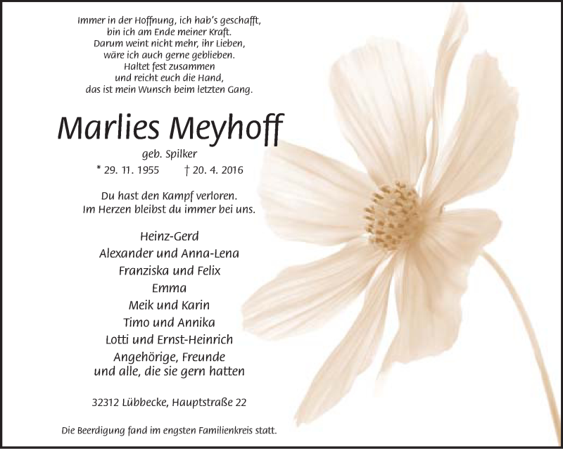  Traueranzeige für Marlies Meyhoff vom 26.04.2016 aus Neue Westfälische