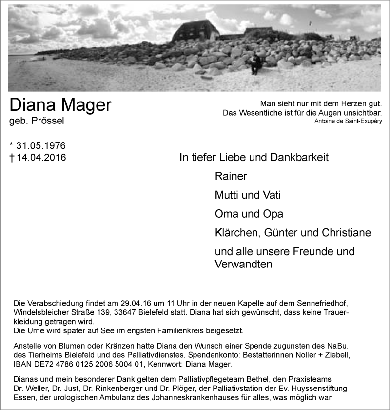  Traueranzeige für Diana Mager vom 23.04.2016 aus Neue Westfälische