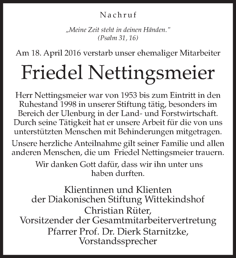  Traueranzeige für Friedel Nettingsmeier vom 27.04.2016 aus Neue Westfälische