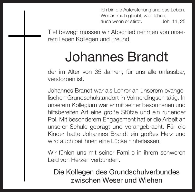  Traueranzeige für Johannes Brandt vom 28.04.2016 aus Neue Westfälische