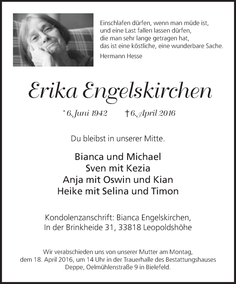  Traueranzeige für Erika Engelskirchen vom 13.04.2016 aus Neue Westfälische