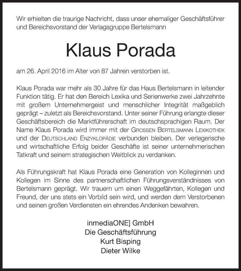  Traueranzeige für Klaus Porada vom 29.04.2016 aus Neue Westfälische