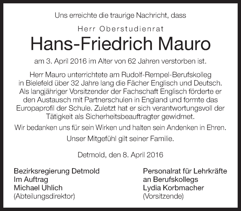  Traueranzeige für Hans-Friedrich Mauro vom 12.04.2016 aus Neue Westfälische