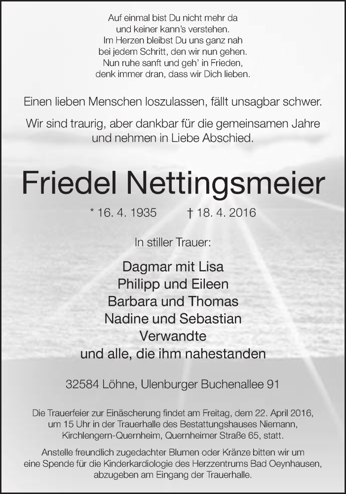  Traueranzeige für Friedel Nettingsmeier vom 20.04.2016 aus Neue Westfälische
