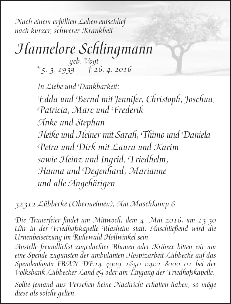  Traueranzeige für Hannelore Schlingmann vom 30.04.2016 aus Neue Westfälische