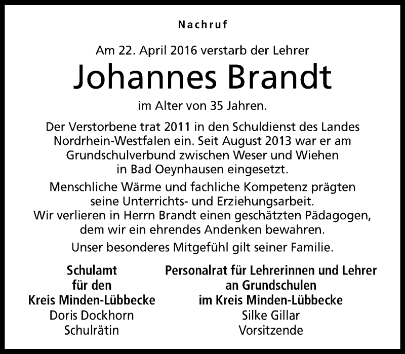  Traueranzeige für Johannes Brandt vom 28.04.2016 aus Neue Westfälische