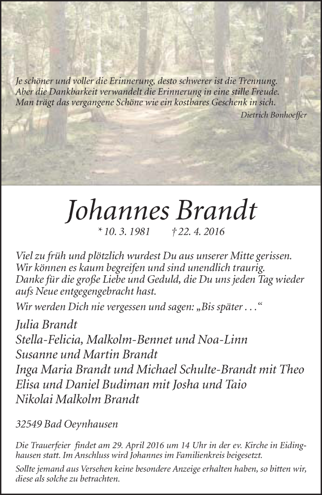  Traueranzeige für Johannes Brandt vom 27.04.2016 aus Neue Westfälische