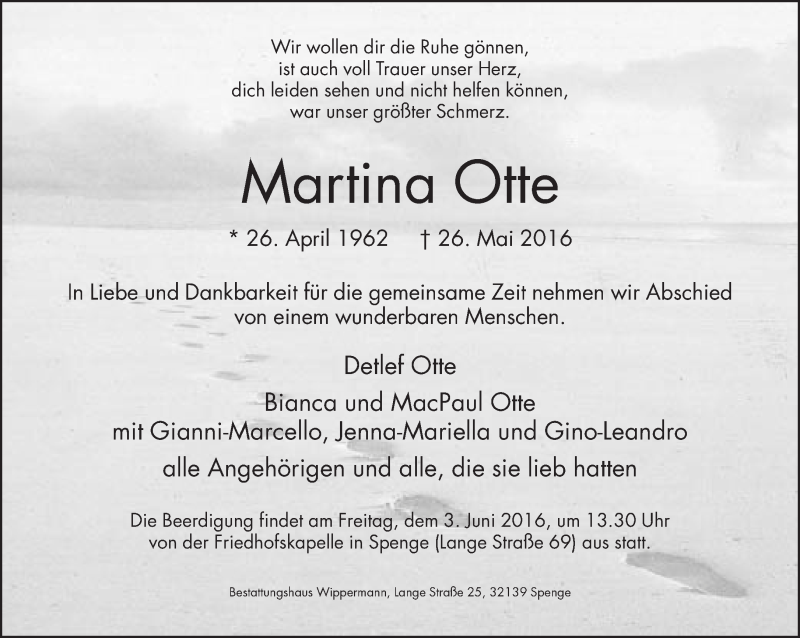  Traueranzeige für Martina Otte vom 28.05.2016 aus Neue Westfälische