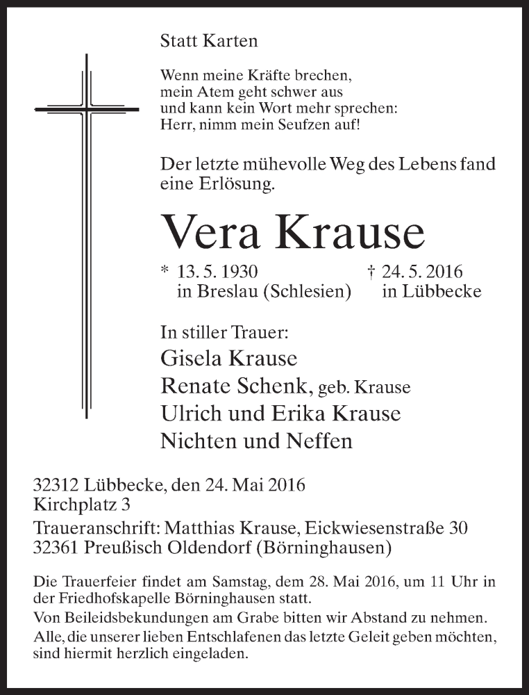  Traueranzeige für Vera Krause vom 26.05.2016 aus Neue Westfälische