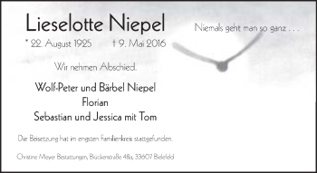Traueranzeige von Lieselotte Niepel von Neue Westfälische