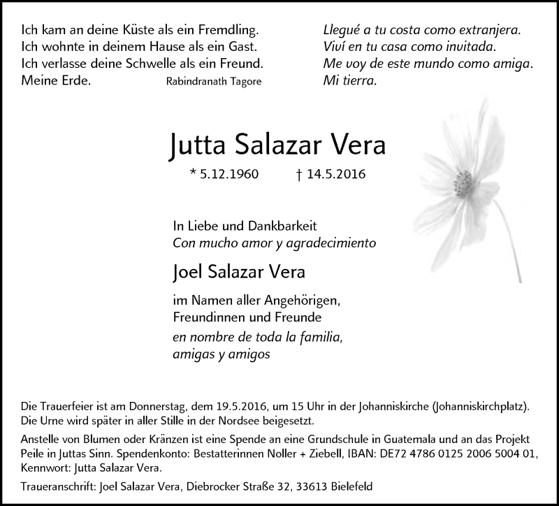  Traueranzeige für Jutta Salazar Vera vom 18.05.2016 aus Neue Westfälische