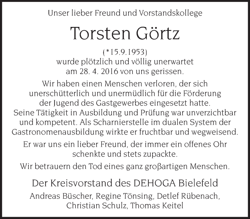  Traueranzeige für Torsten Görtz vom 04.05.2016 aus Neue Westfälische