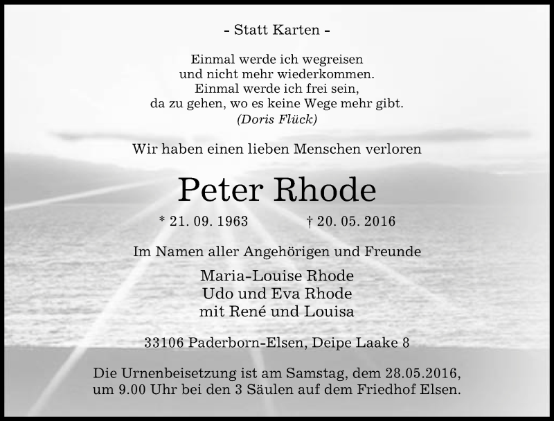  Traueranzeige für Peter Rhode vom 25.05.2016 aus Neue Westfälische