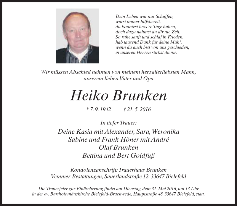  Traueranzeige für Heiko Brunken vom 26.05.2016 aus Neue Westfälische