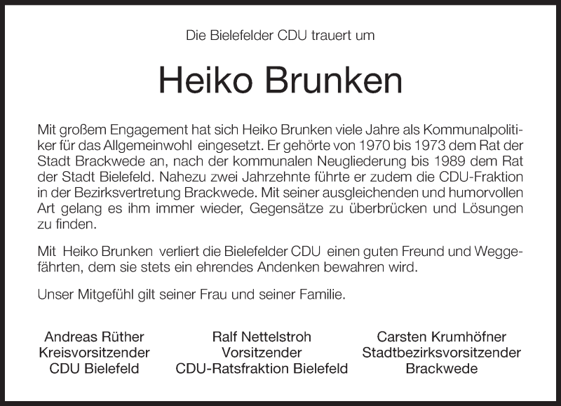  Traueranzeige für Heiko Brunken vom 28.05.2016 aus Neue Westfälische