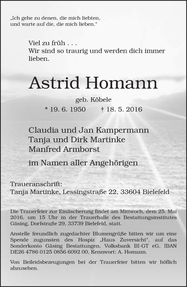  Traueranzeige für Astrid Homann vom 21.05.2016 aus Neue Westfälische