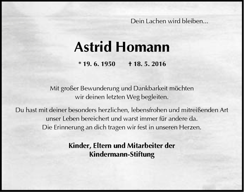  Traueranzeige für Astrid Homann vom 21.05.2016 aus Neue Westfälische