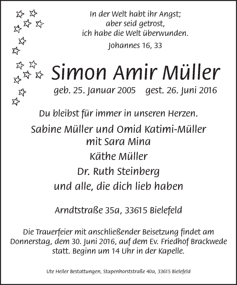  Traueranzeige für Simon Amir  Müller vom 28.06.2016 aus Neue Westfälische