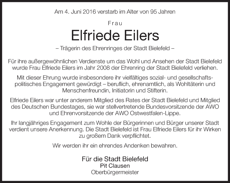  Traueranzeige für Elfriede Eilers vom 08.06.2016 aus Neue Westfälische