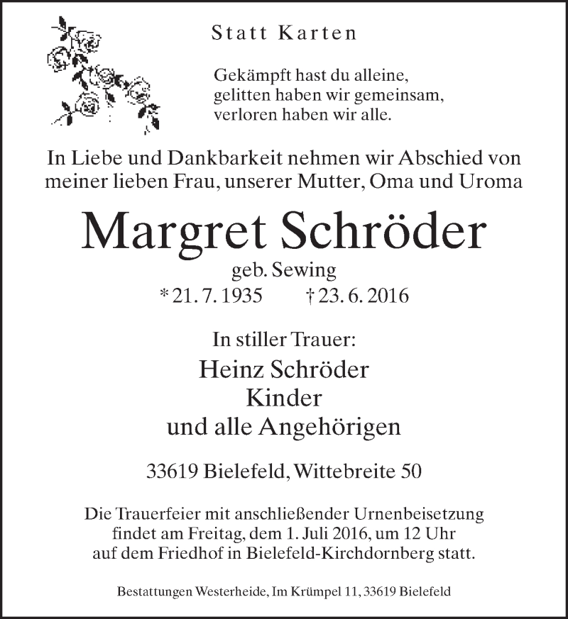  Traueranzeige für Margret Schröder vom 25.06.2016 aus Neue Westfälische