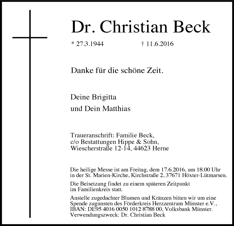  Traueranzeige für Christian Beck vom 14.06.2016 aus Neue Westfälische