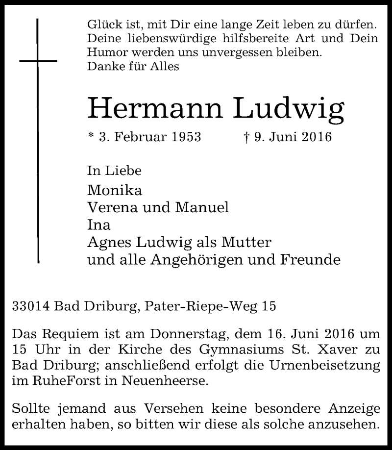  Traueranzeige für Hermann Ludwig vom 11.06.2016 aus Neue Westfälische