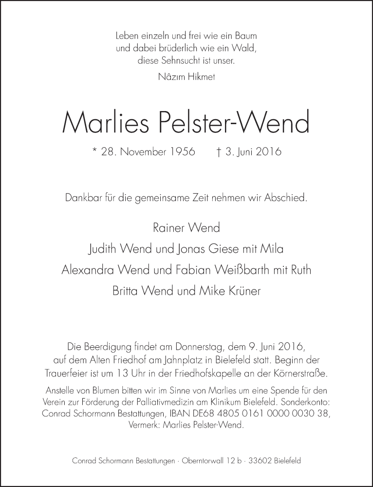  Traueranzeige für Marlies Pelster-Wend vom 04.06.2016 aus Neue Westfälische