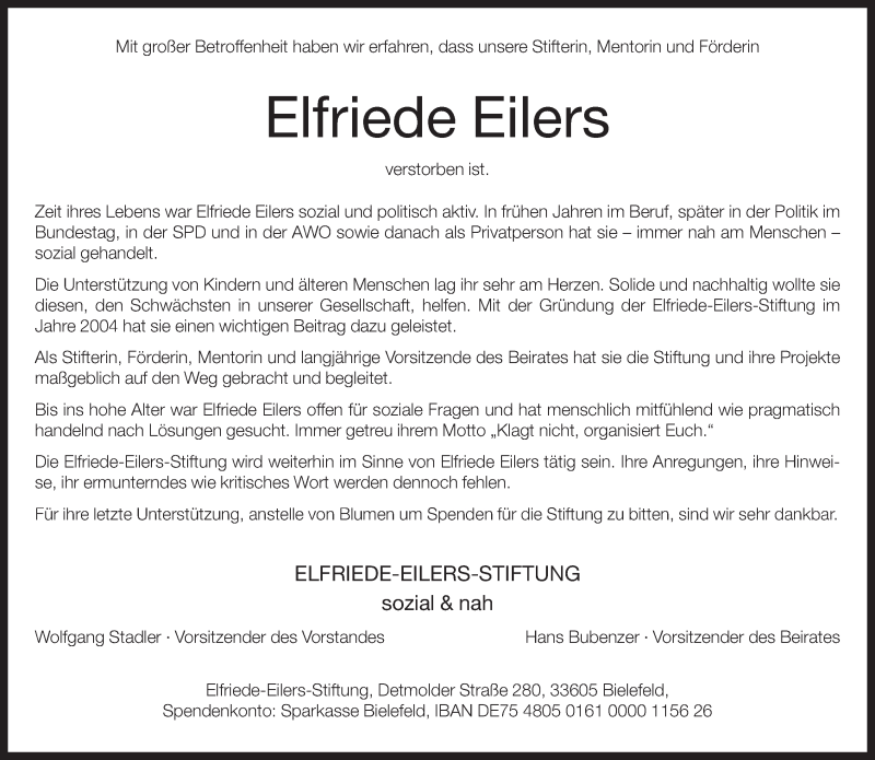  Traueranzeige für Elfriede Eilers vom 08.06.2016 aus Neue Westfälische