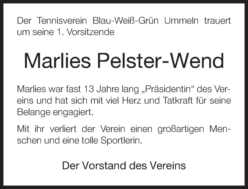  Traueranzeige für Marlies Pelster-Wend vom 09.06.2016 aus Neue Westfälische