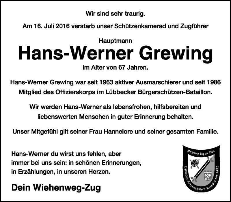  Traueranzeige für Hans-Werner Grewing vom 20.07.2016 aus Neue Westfälische